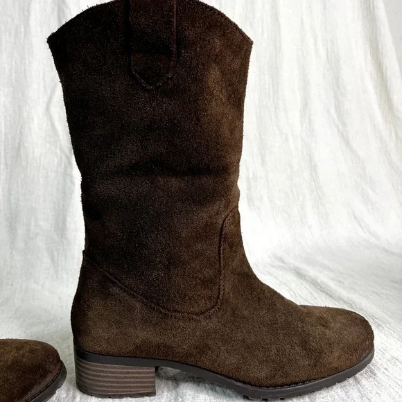 Suede Cowboy Chocolate Brown Boots Plaid Lined Women 5.5 Western Ranch Soft NOTE - Picture 3 of 16